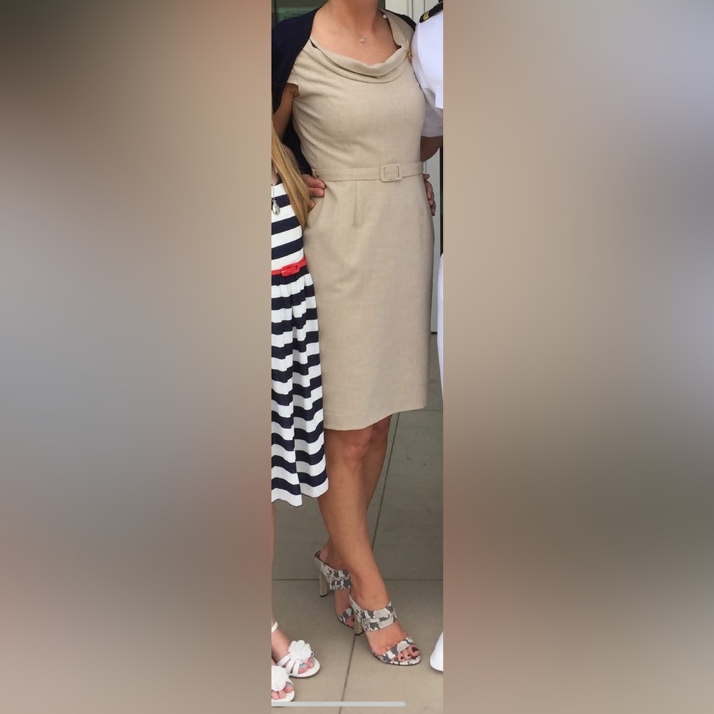 Calvin Klein tan asymmetrical dress, unique collar, belted